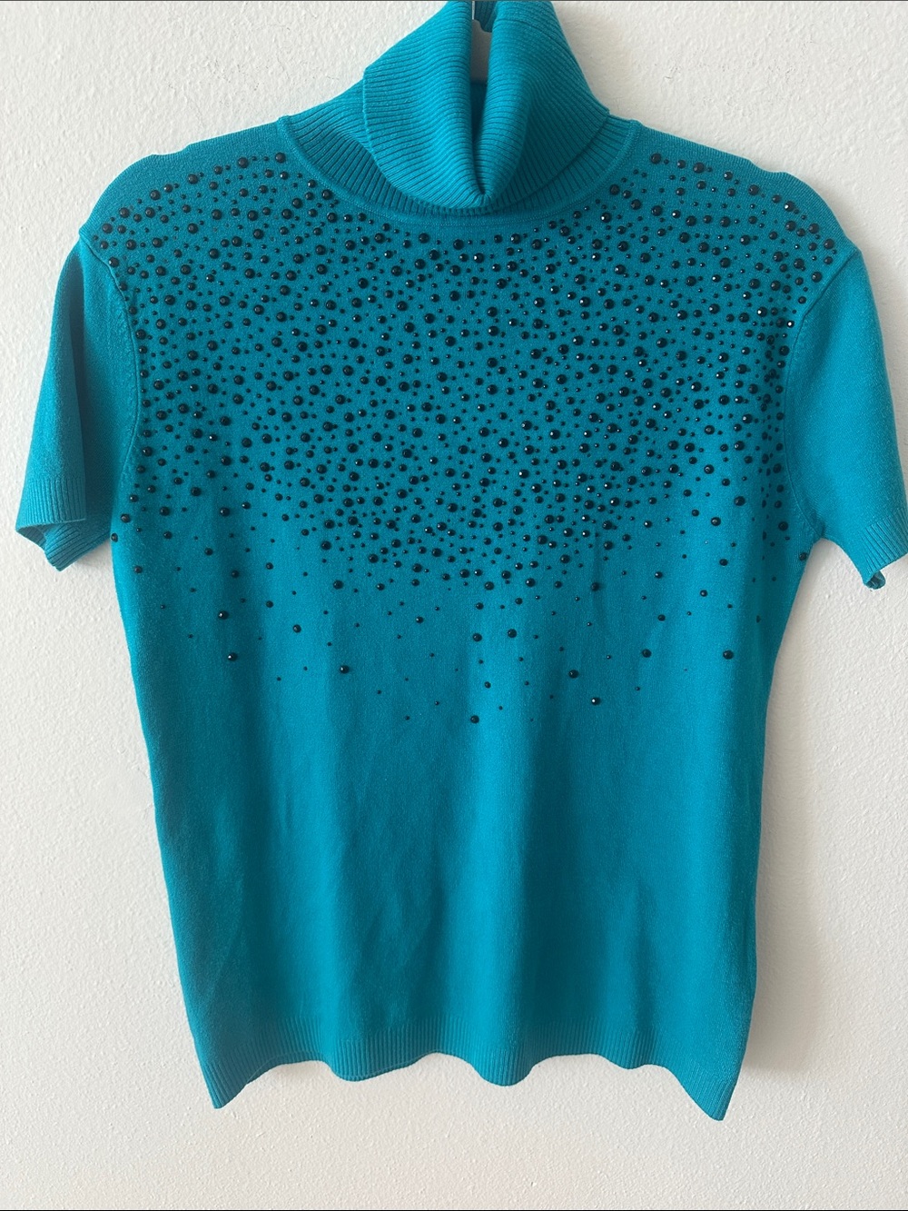 Embellished Teal Short-Sleeve Turtleneck Top